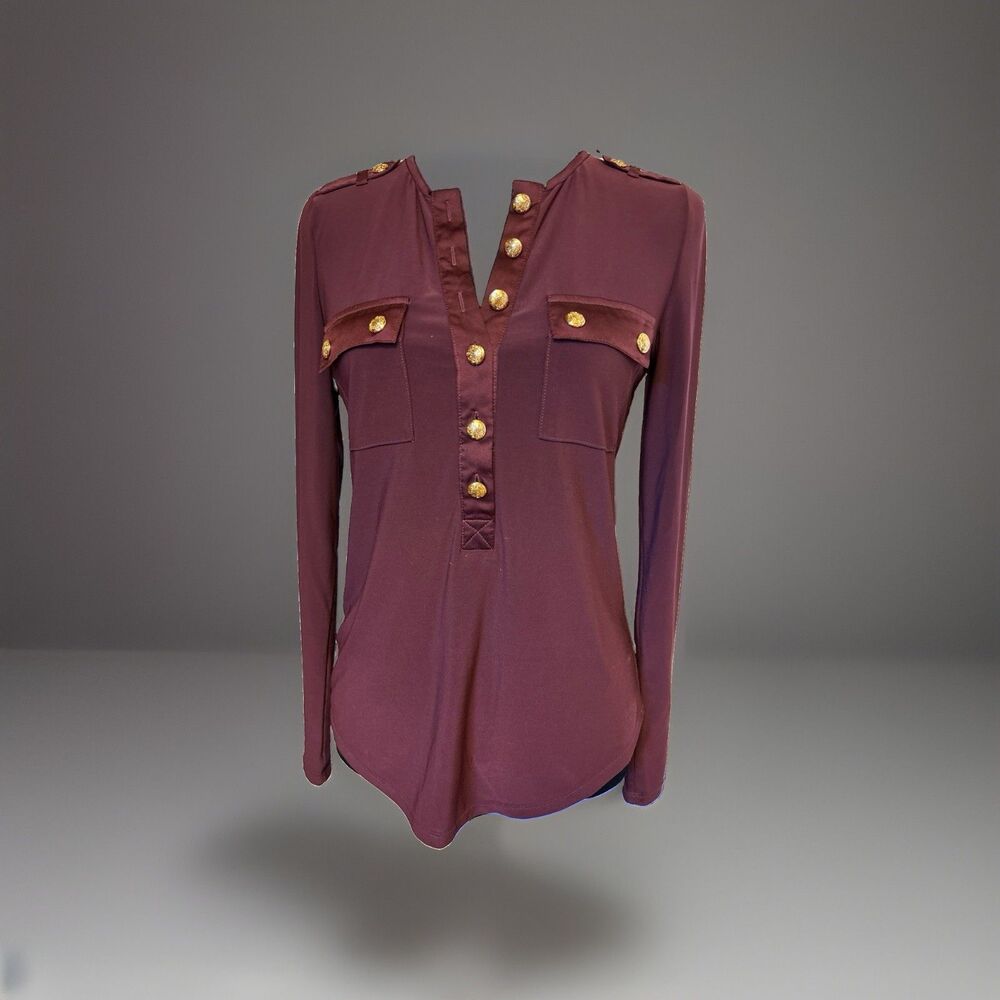 White House Black Market Womens XS Petite Burgundy Top Buttons Long Sleeved